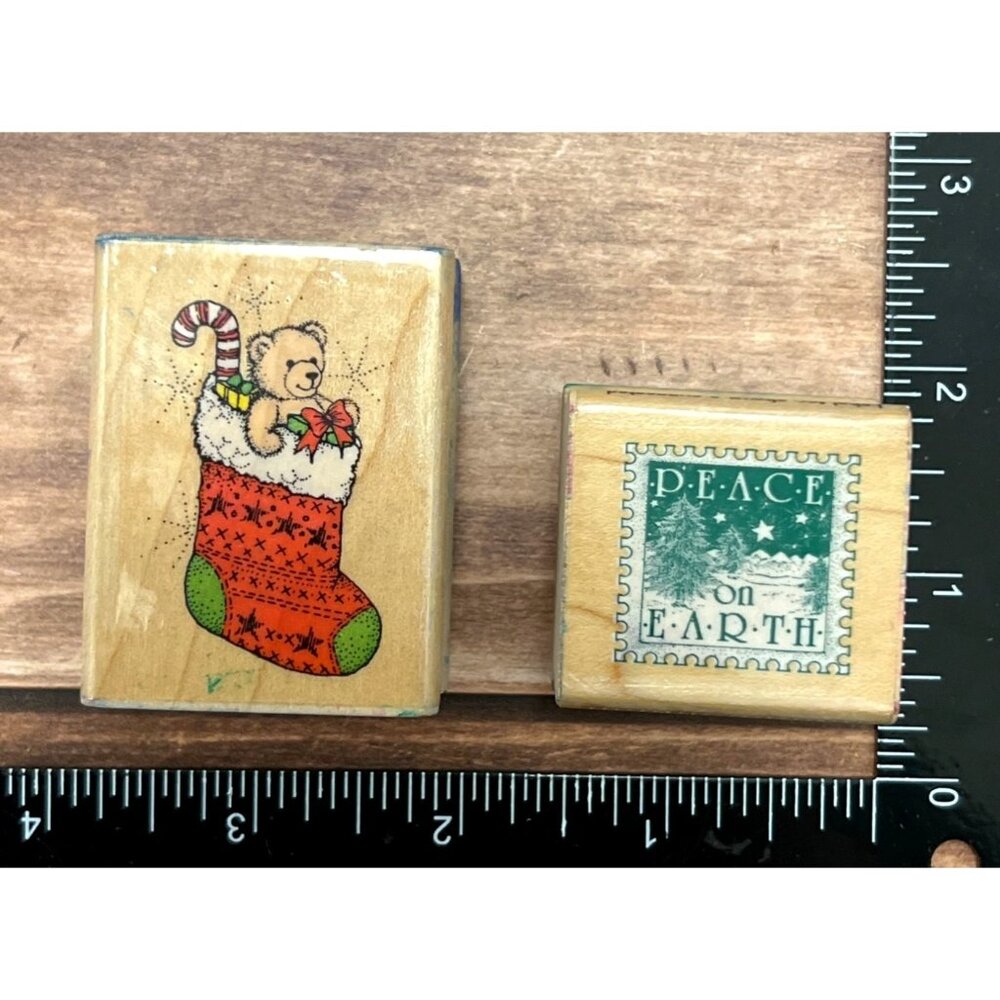 Vintage Hero Arts Rubber Stamps Christmas Stocking & Peace On Earth D589 D133